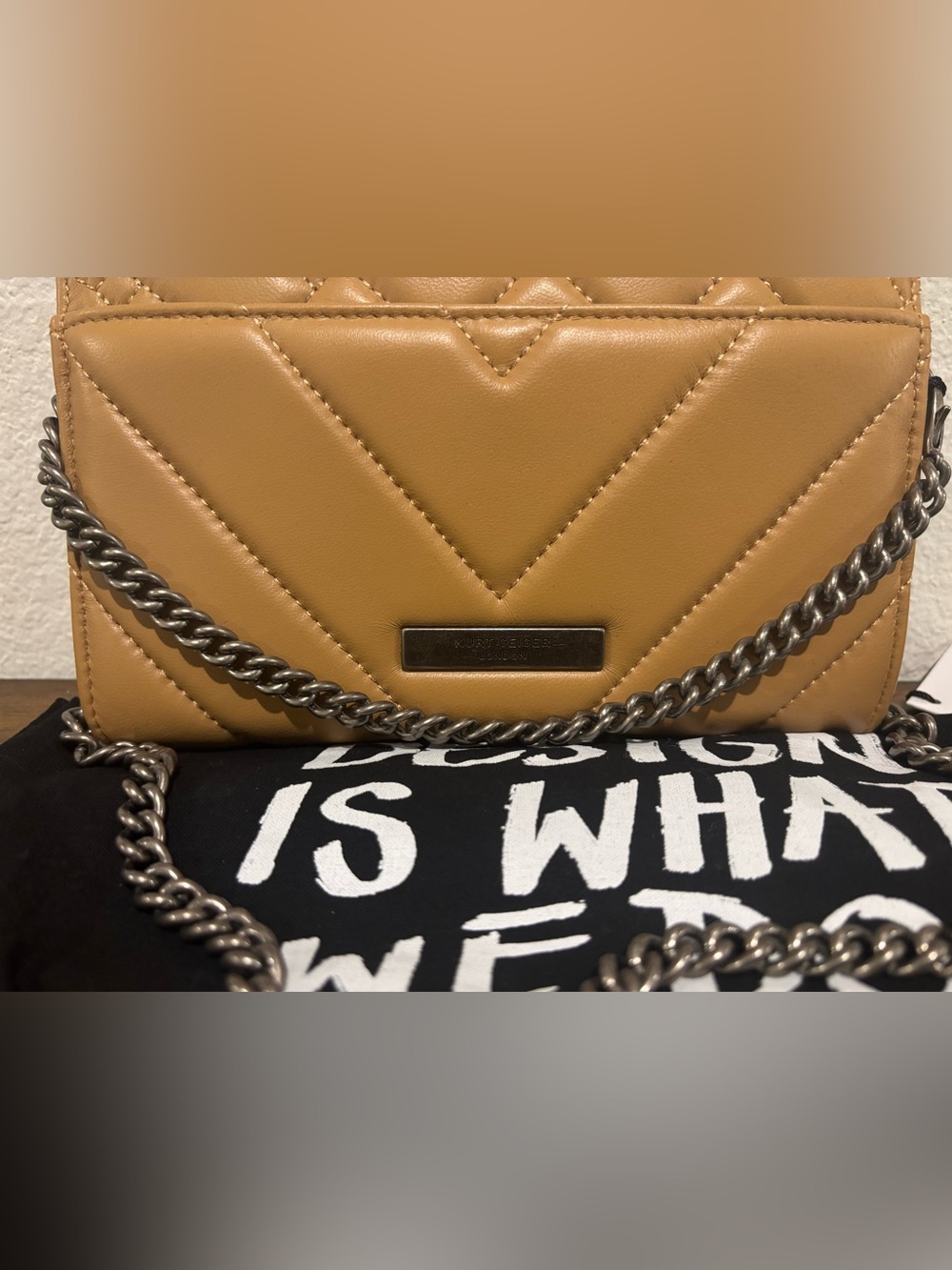 Kurt Geiger Quilted Crossbody Bag in Tan with Gun Metal Chain - Picture 9 of 12